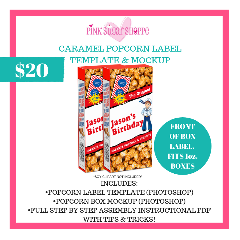 PINK SUGAR SHOPPE CARAMEL POPCORN LABEL TEMPLATE & MOCKUP Pink Sugar