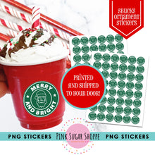 Load image into Gallery viewer, PRINTED AND SHIPPED Santa Starbucks Inspired Cup Christmas Ornament Stickers - Starbucks 1 inch Stickers - Dollar Tree Ornament diy
