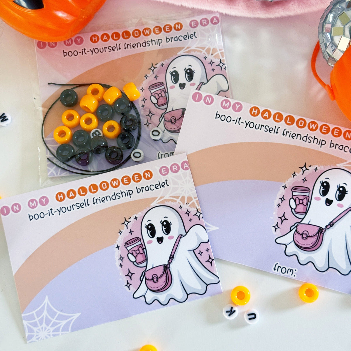 Halloween Era Friendship Bracelet Cards - Classroom Favors - Class Treats - Girly Halloween - School Exchange - DIY Halloween - Boojie Ghost