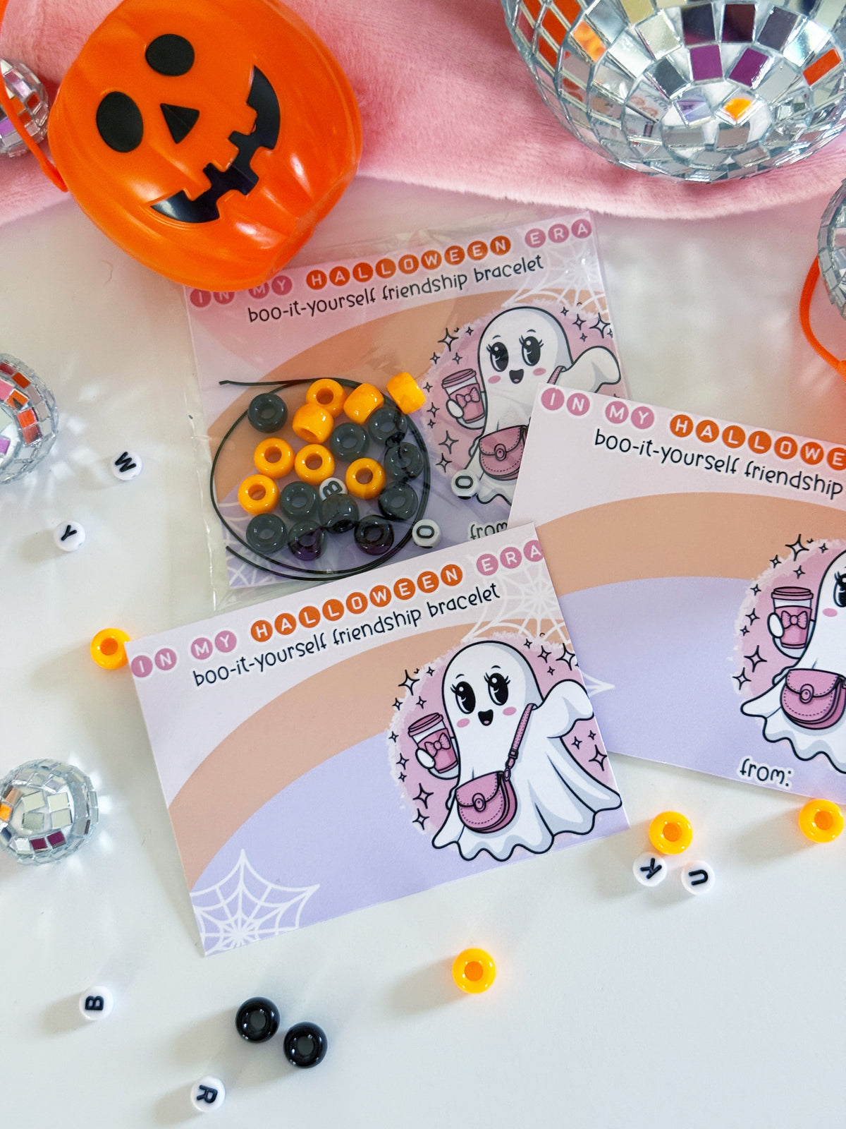 Halloween Era Friendship Bracelet Cards - Classroom Favors - Class Treats - Girly Halloween - School Exchange - DIY Halloween - Boojie Ghost