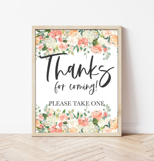 Peach Floral Thank You Sign - Peonies - Hydrangeas - Gift Table Bar Sign - Wedding Table Sign - Printable - DIY Wedding -Instant Download