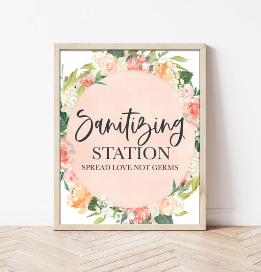 Peach Floral Sanitizing Station Sign - Peonies - Hydrangeas- Dessert Table Bar Sign - Table Sign - Printable - DIY Wedding -Instant Download