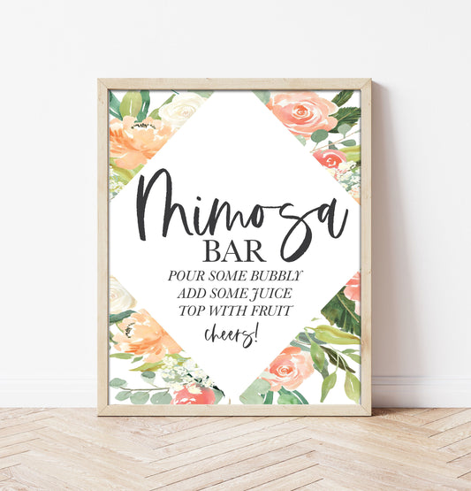 Peach Floral Mimosa Bar Sign - Peonies - Hydrangeas -Dessert Table Bar Sign - Wedding Table Sign - Printable - DIY Wedding -Instant Download