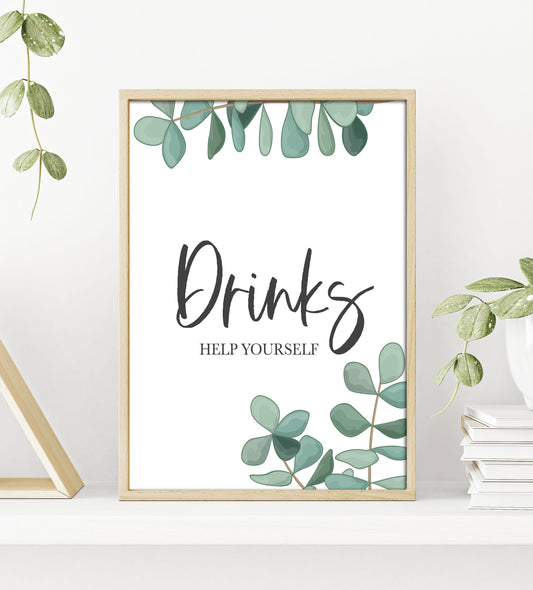 Eucalyptus Greenery Drinks Bar Sign - Boho - Green - Dessert Table Bar Sign- Wedding Table Sign - Printable - DIY Wedding -Instant Download