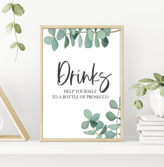 Eucalyptus Greenery Drinks Bar Sign - Prosecco - Boho - Green -Dessert Table Bar Sign- Wedding Sign -Printable-DIY Wedding -Instant Download