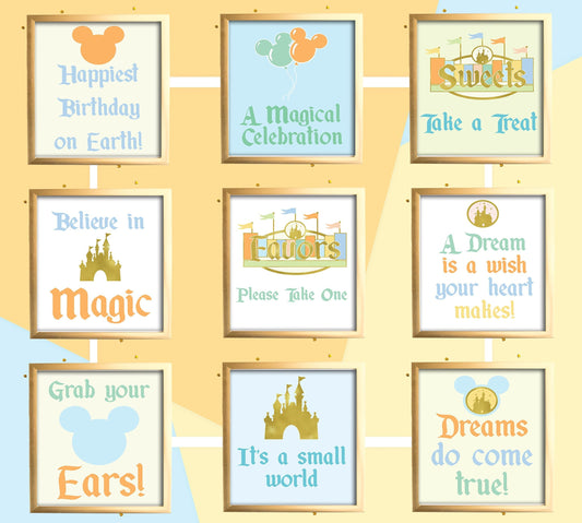 Magical Disneyland Birthday Bundle Blue - Vintage Retro Classic Theme Park Birthday Signs - Favor Sign - Table Sign - Printable -Party Decor