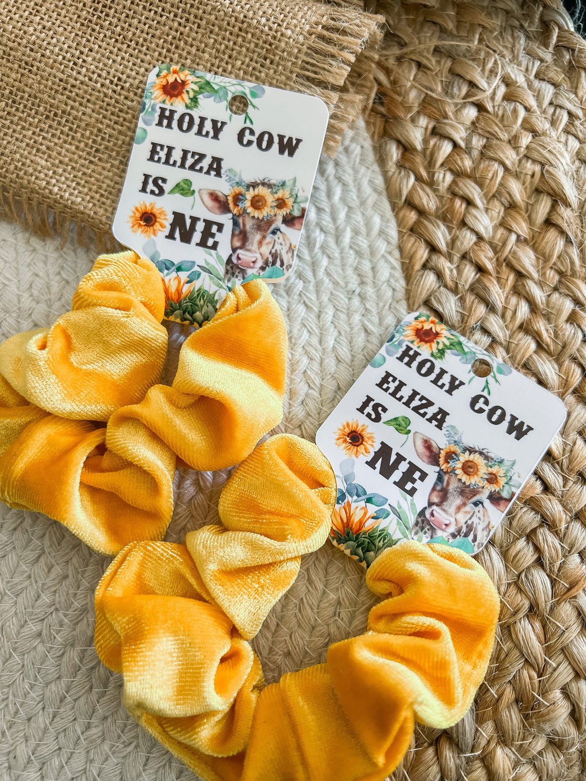 Sunflower Cow Scrunchie Favors - Holy Cow I'm One - Sunflower Cow Birthday Party - Highland Cow - Sunflower Birthday Favors - First Birthday