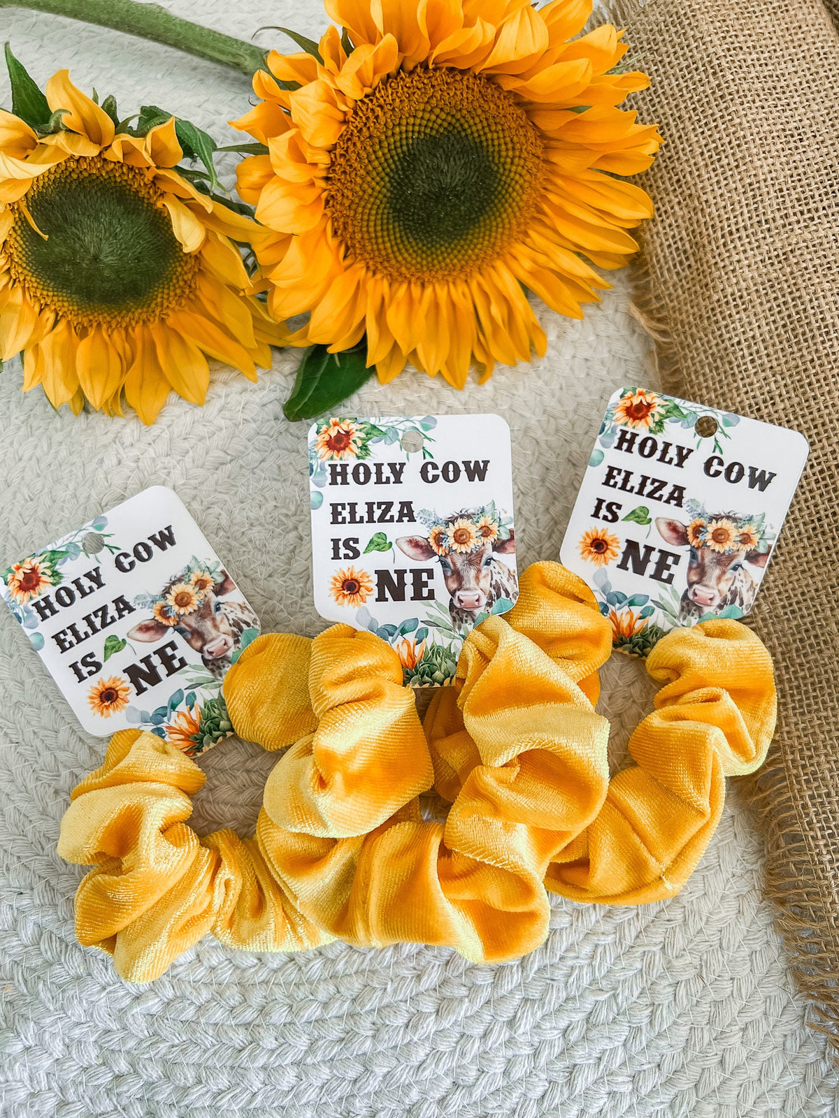 Sunflower Cow Scrunchie Favors - Holy Cow I'm One - Sunflower Cow Birthday Party - Highland Cow - Sunflower Birthday Favors - First Birthday