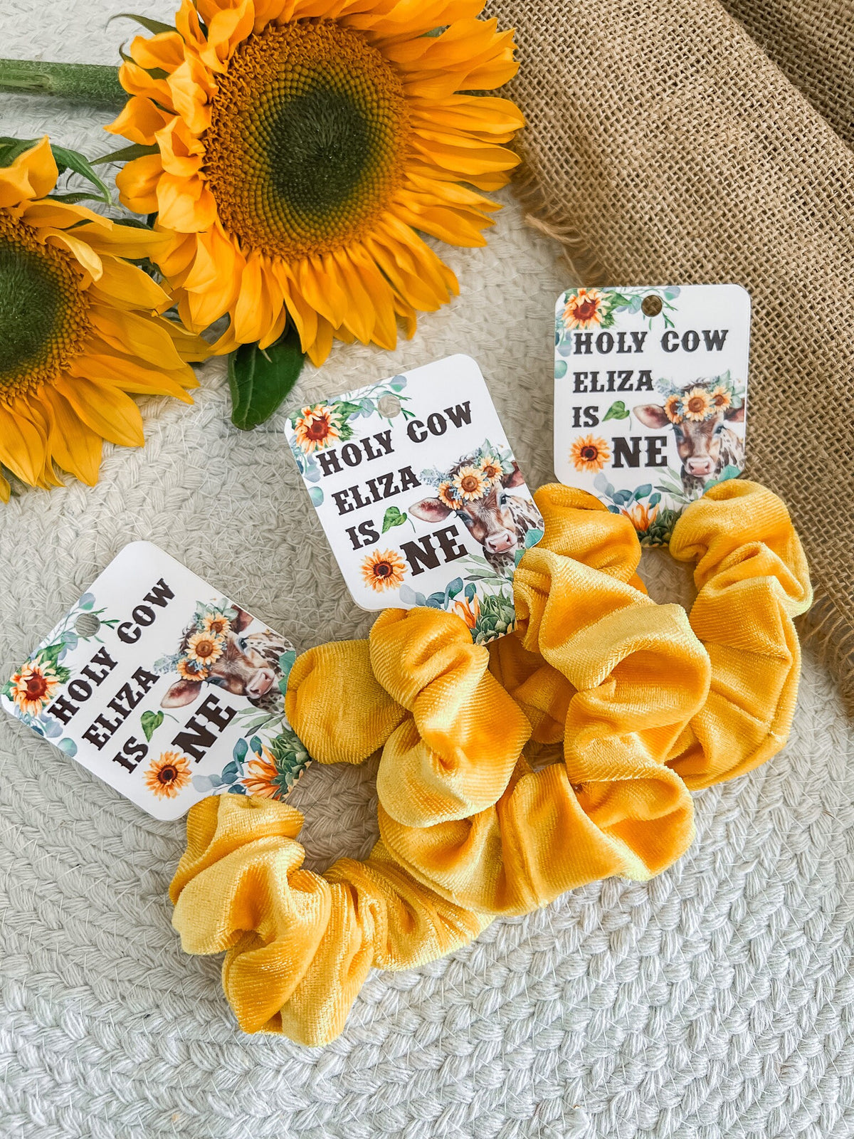 Sunflower Cow Scrunchie Favors - Holy Cow I'm One - Sunflower Cow Birthday Party - Highland Cow - Sunflower Birthday Favors - First Birthday
