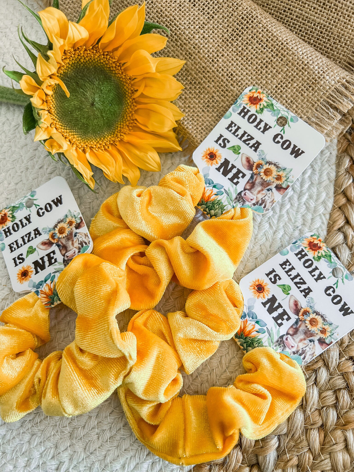 Sunflower Cow Scrunchie Favors - Holy Cow I'm One - Sunflower Cow Birthday Party - Highland Cow - Sunflower Birthday Favors - First Birthday