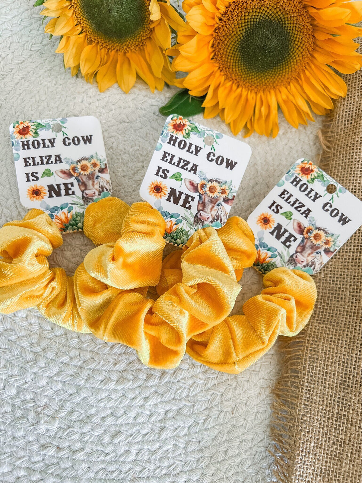 Sunflower Cow Scrunchie Favors - Holy Cow I'm One - Sunflower Cow Birthday Party - Highland Cow - Sunflower Birthday Favors - First Birthday