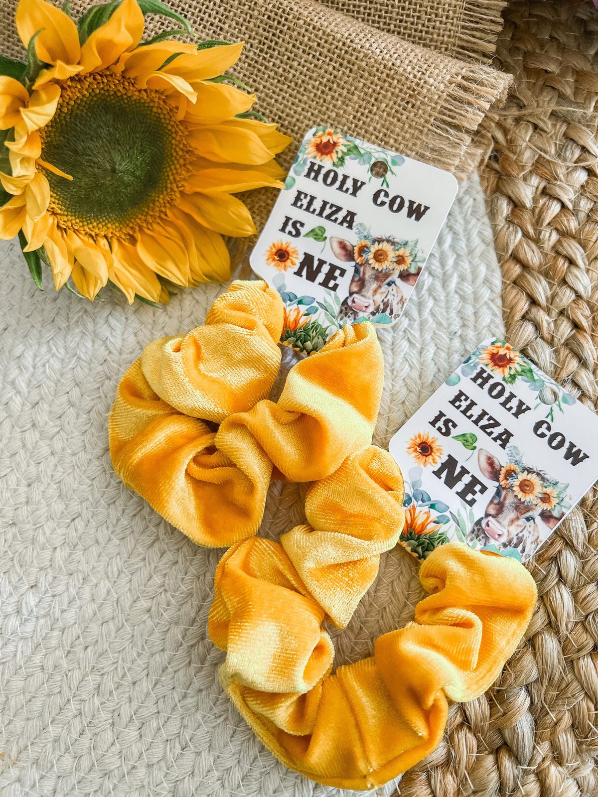 Sunflower Cow Scrunchie Favors - Holy Cow I'm One - Sunflower Cow Birthday Party - Highland Cow - Sunflower Birthday Favors - First Birthday