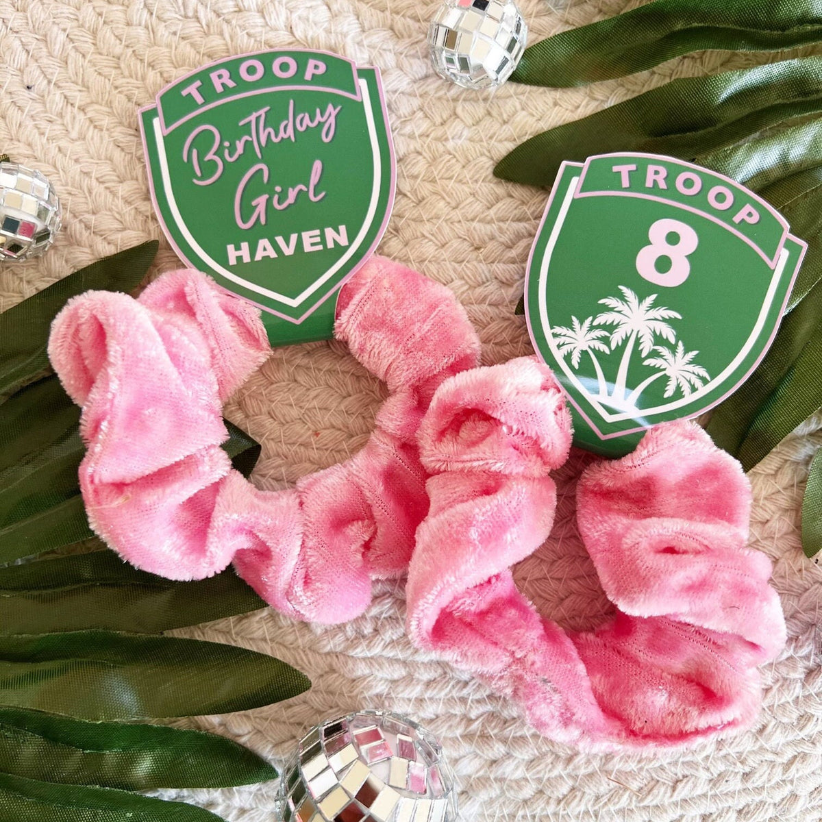 Troop Beverly Hills Scrunchie Party Favors - Scout Party - Favors - Glamping - Camp Party - Badge - Scout Core - Pink Hair Bows - Hair Tie