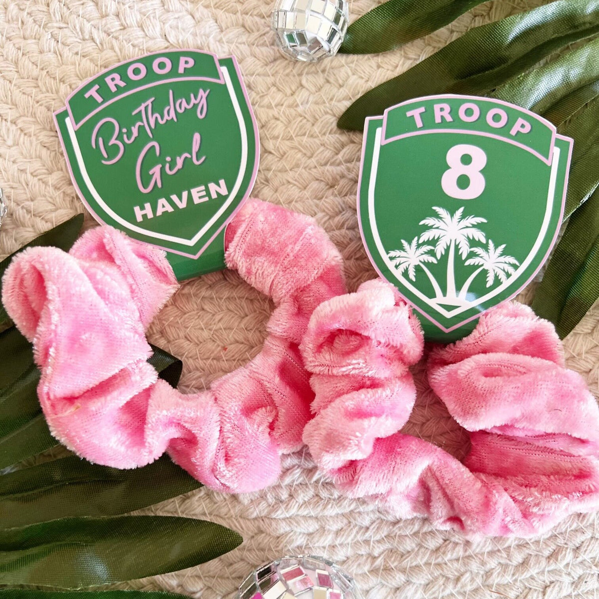 Troop Beverly Hills Scrunchie Party Favors - Scout Party - Favors - Glamping - Camp Party - Badge - Scout Core - Pink Hair Bows - Hair Tie