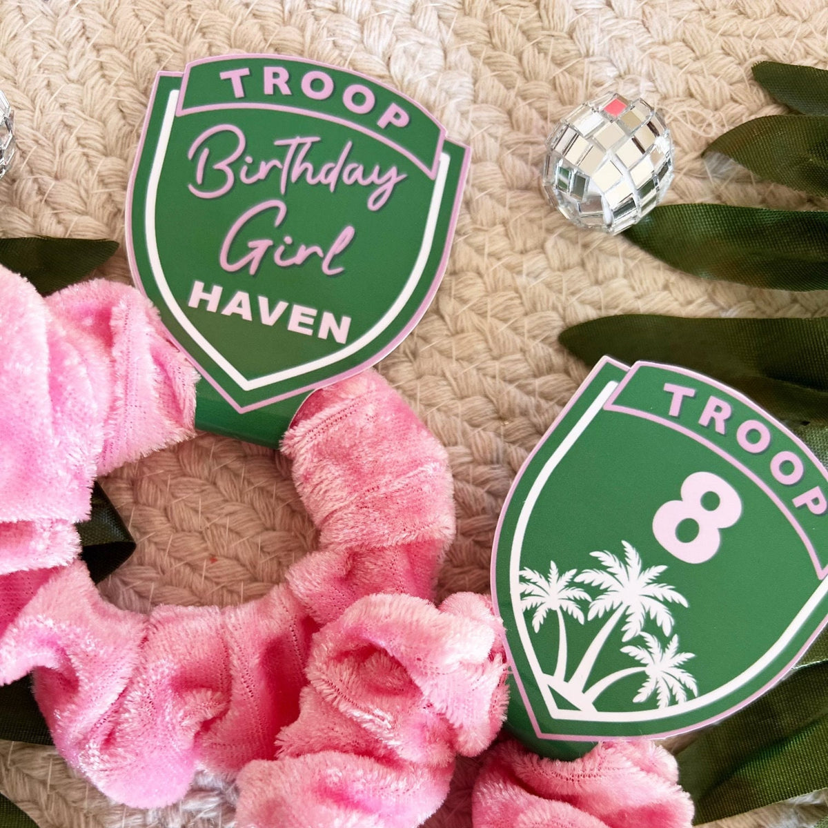 Troop Beverly Hills Scrunchie Party Favors - Scout Party - Favors - Glamping - Camp Party - Badge - Scout Core - Pink Hair Bows - Hair Tie