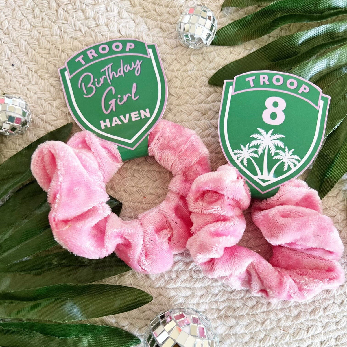 Troop Beverly Hills Scrunchie Party Favors - Scout Party - Favors - Glamping - Camp Party - Badge - Scout Core - Pink Hair Bows - Hair Tie
