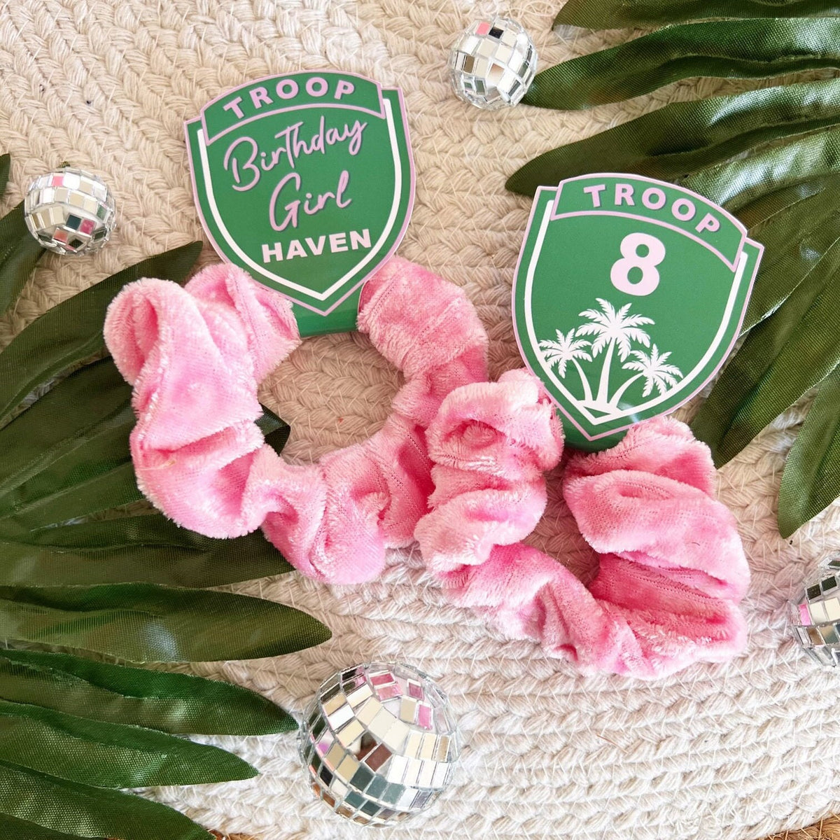 Troop Beverly Hills Scrunchie Party Favors - Scout Party - Favors - Glamping - Camp Party - Badge - Scout Core - Pink Hair Bows - Hair Tie