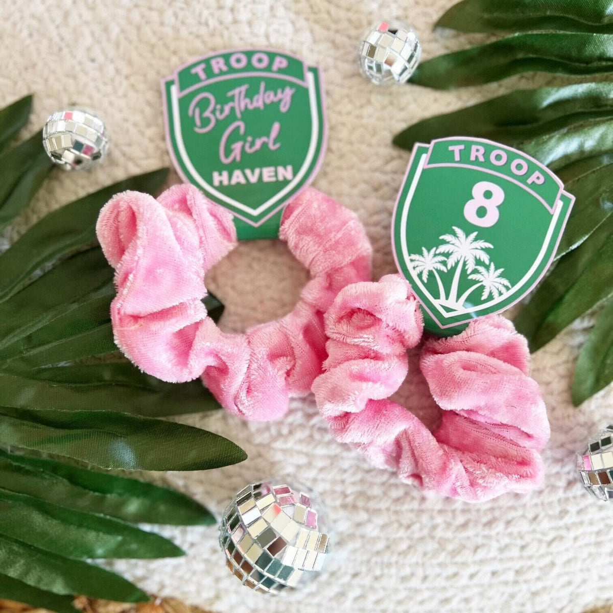 Troop Beverly Hills Scrunchie Party Favors - Scout Party - Favors - Glamping - Camp Party - Badge - Scout Core - Pink Hair Bows - Hair Tie