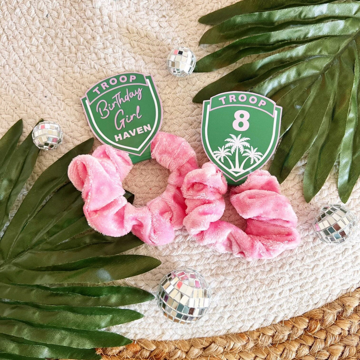 Troop Beverly Hills Scrunchie Party Favors - Scout Party - Favors - Glamping - Camp Party - Badge - Scout Core - Pink Hair Bows - Hair Tie