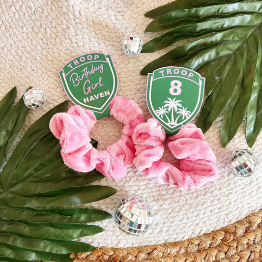 Troop Beverly Hills Scrunchie Party Favors - Scout Party - Favors - Glamping - Camp Party - Badge - Scout Core - Pink Hair Bows - Hair Tie