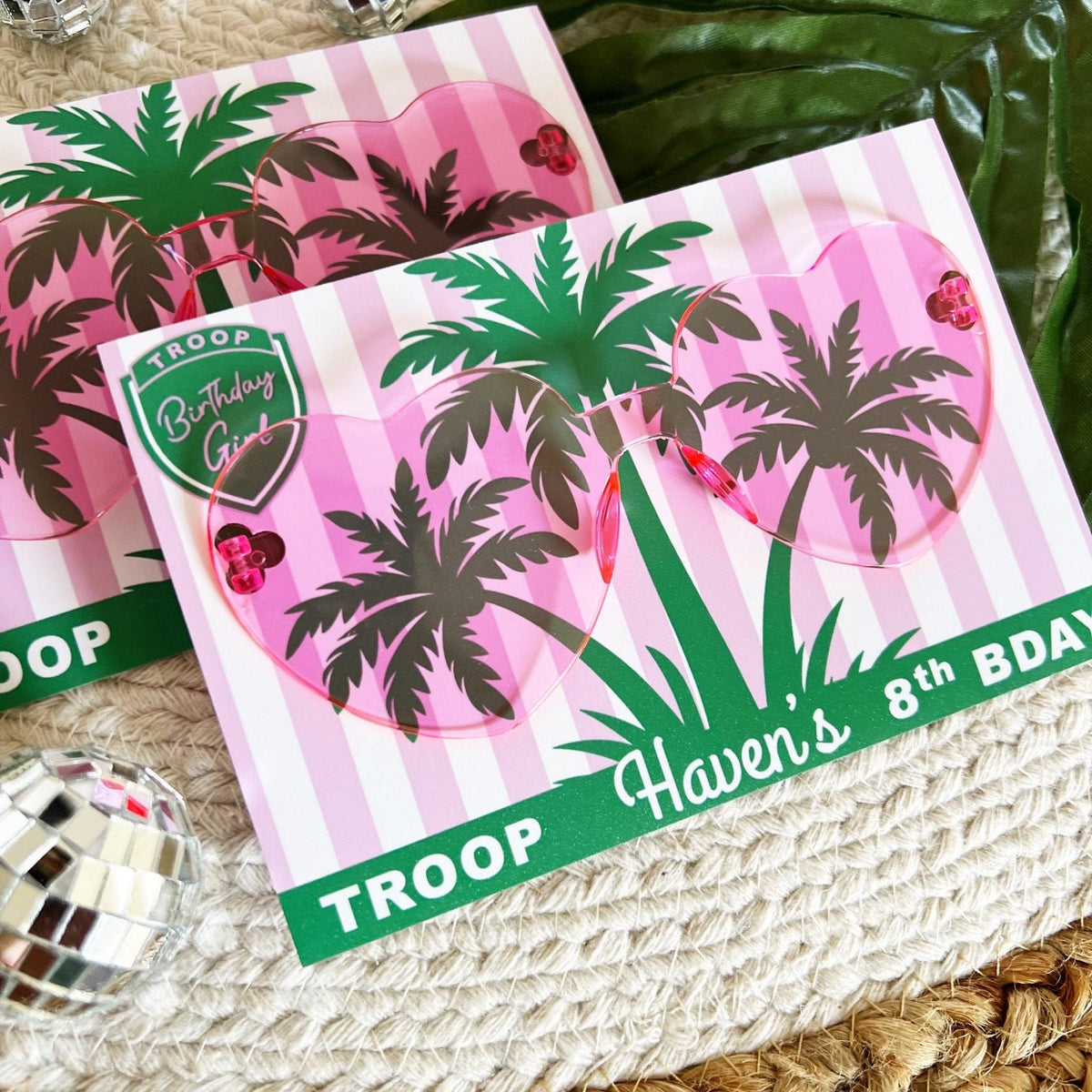 Troop Beverly Hills Sunglasses Party Favors - Glamping Party - Favors - Camping -Scout Party -Camp Party - Badge - Scout Core - Pink Glasses