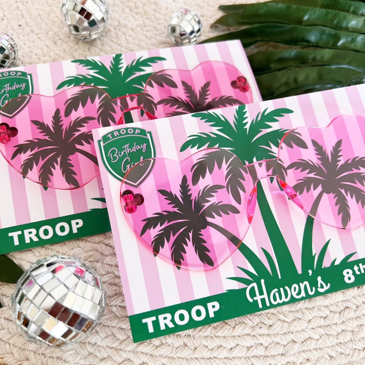 Troop Beverly Hills Sunglasses Party Favors - Glamping Party - Favors - Camping -Scout Party -Camp Party - Badge - Scout Core - Pink Glasses