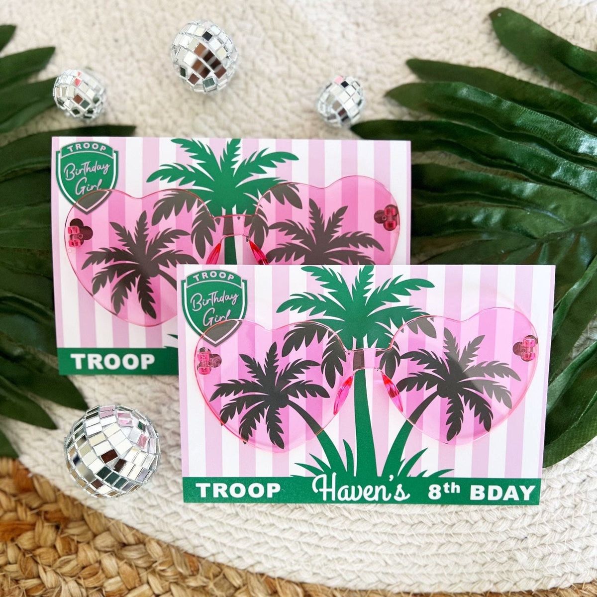 Troop Beverly Hills Sunglasses Party Favors - Glamping Party - Favors - Camping -Scout Party -Camp Party - Badge - Scout Core - Pink Glasses