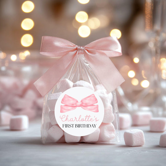 Pink Coquette Bow Thank You Stickers - Favors - Birthday Stickers - Pink Bow - Coquette Bow - Pink Ribbon Thank you Candy Bags - 2 inch