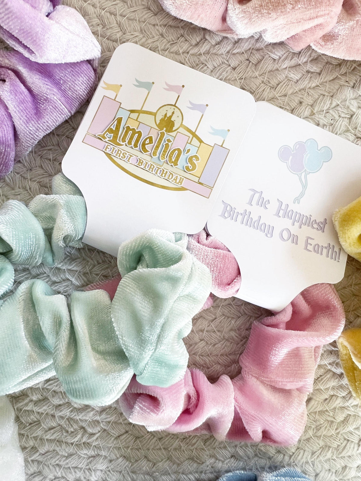 Magical Birthday Disneyland Scrunchie Party Favors - Vintage Mickey Party - Theme Park Birthday Party -Pastel - Classic -Retro - Hair Bows