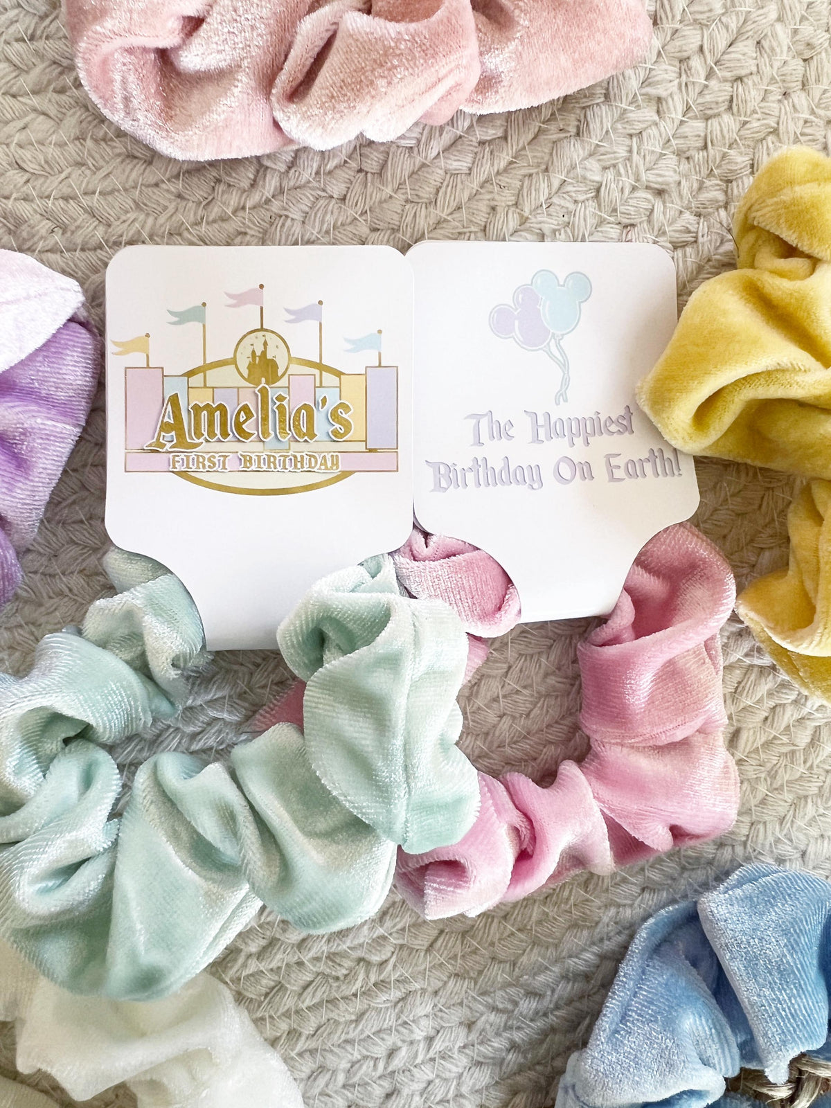 Magical Birthday Disneyland Scrunchie Party Favors - Vintage Mickey Party - Theme Park Birthday Party -Pastel - Classic -Retro - Hair Bows