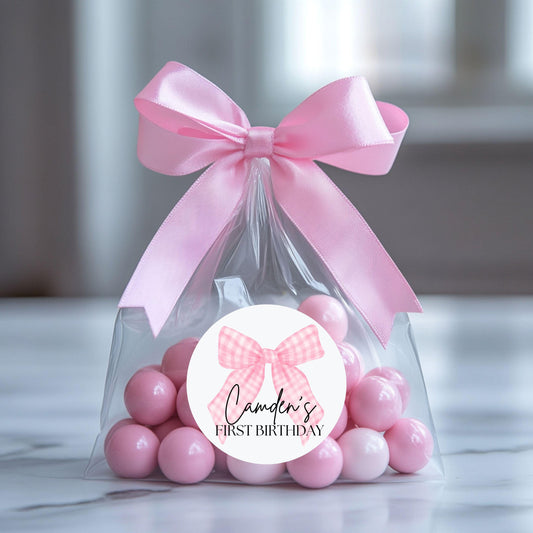 Pink Coquette Bow Thank You Stickers - Favors - Birthday Stickers - Pink Bow - Coquette Bow - Pink Ribbon Thank you Candy Bags - 2 inch