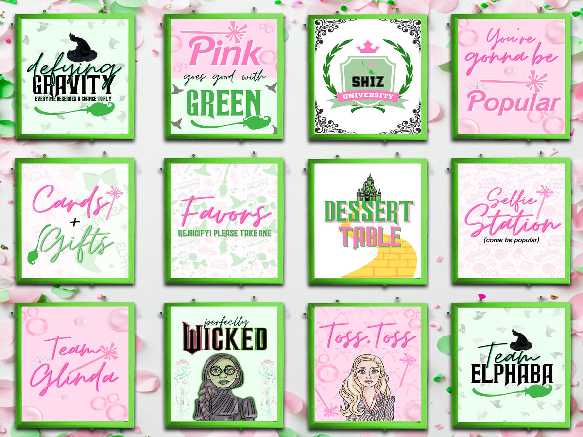 WICKED Bundle - Wicked Birthday Party Signs - Party - Favor Sign - Table Sign - Printable - Pink and Green - Elphaba - Glinda - Party Decor