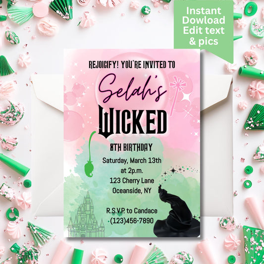 Wicked Birthday Invitation - Editable - Wicked Party - Pink and Green Party - Movie - Musical - 5x7 - Wicked Theme - A