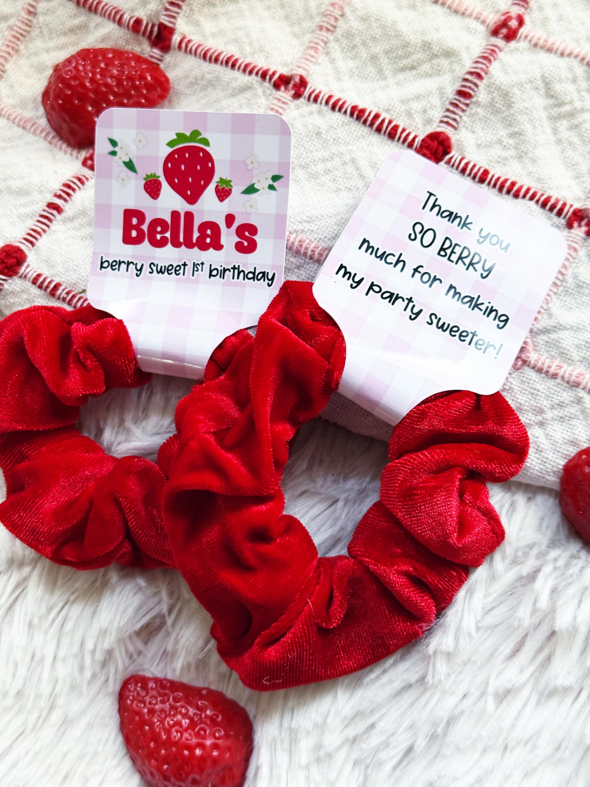 Strawberry Birthday Party Scrunchie  Favors - Berry First Birthday - Berry Sweet - Hair Bows - Berry 1st - Strawberry Party - Girl Birthday