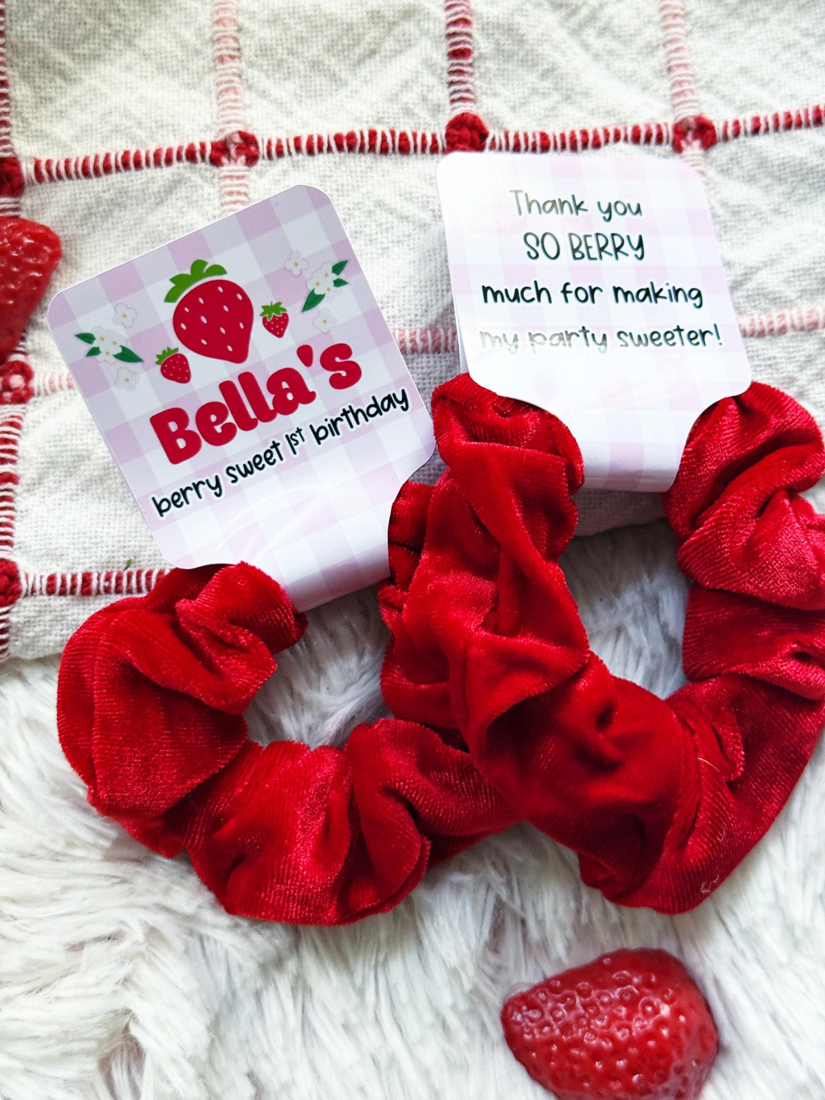 Strawberry Birthday Party Scrunchie  Favors - Berry First Birthday - Berry Sweet - Hair Bows - Berry 1st - Strawberry Party - Girl Birthday