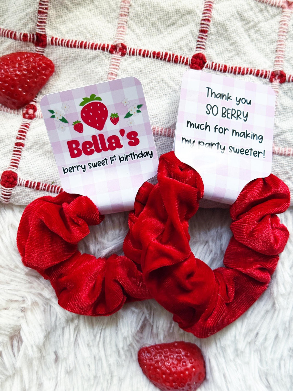 Strawberry Birthday Party Scrunchie  Favors - Berry First Birthday - Berry Sweet - Hair Bows - Berry 1st - Strawberry Party - Girl Birthday