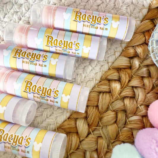 Magical Birthday Disneyland Lip Balm Party Favors -Vintage Mickey Party - Theme Park Birthday -Pastel Party -Classic -Retro - Gloss -No Card