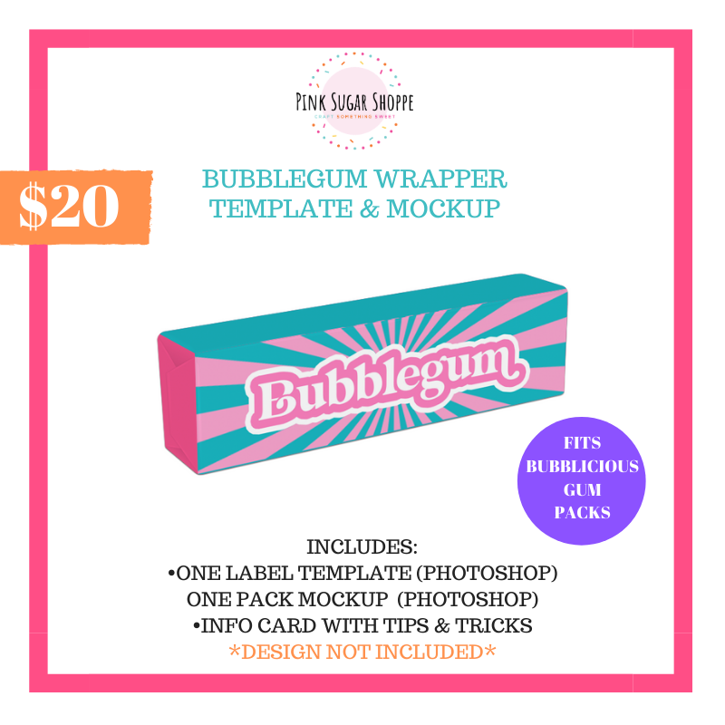 PINK SUGAR SHOPPE BUBBLE GUM WRAPPER TEMPLATE AND MOCKUP