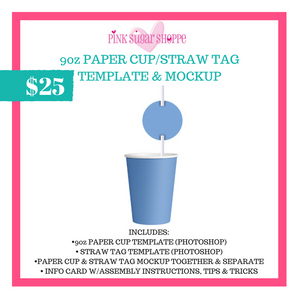 PINK SUGAR SHOPPE PAPER CUP AND STRAW TAG TEMPLATE AND MOCKUP