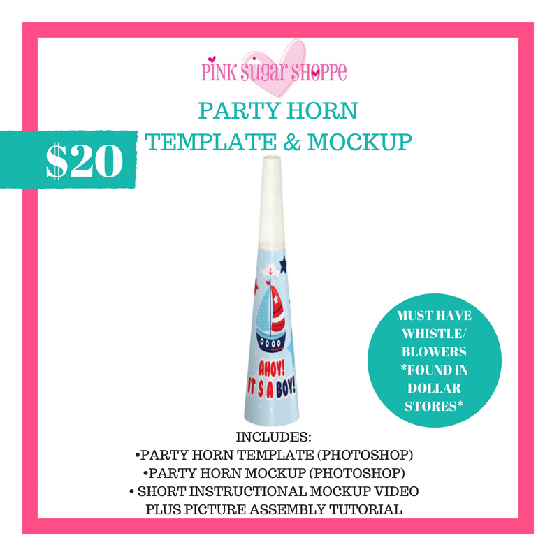 PINK SUGAR SHOPPE PARTY HORN TEMPLATE AND MOCKUP