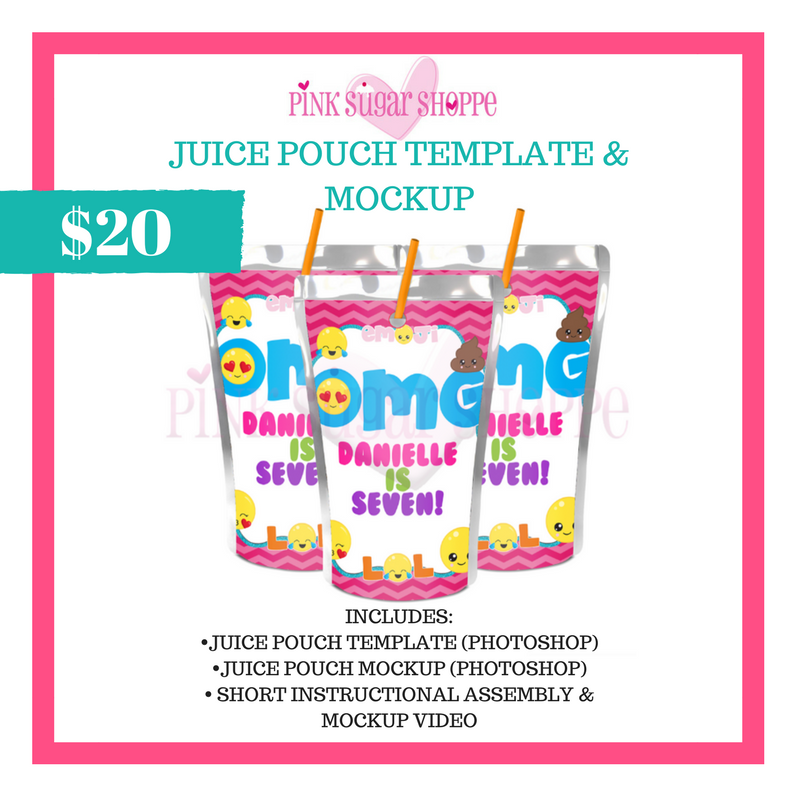 PINK SUGAR SHOPPE JUICE POUCH LABEL TEMPLATE AND MOCKUP