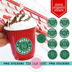 PSS SANTA Starbucks INSPIRED Cup Christmas Ornament Stickers - Starbucks inspired Ornament - Starbucks 1 inch Stickers -Dollar Tree Ornament